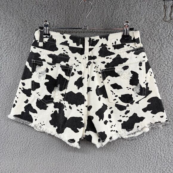 POL Cow Print Distressed High Rise Denim Shorts Women’s Small - Picture 3 of 11